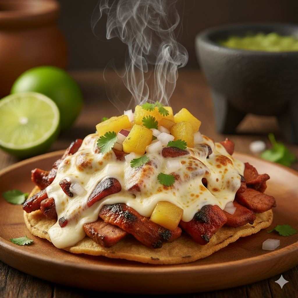 Gringa de tortilla de harina con carne al pastor, queso derretido y piña