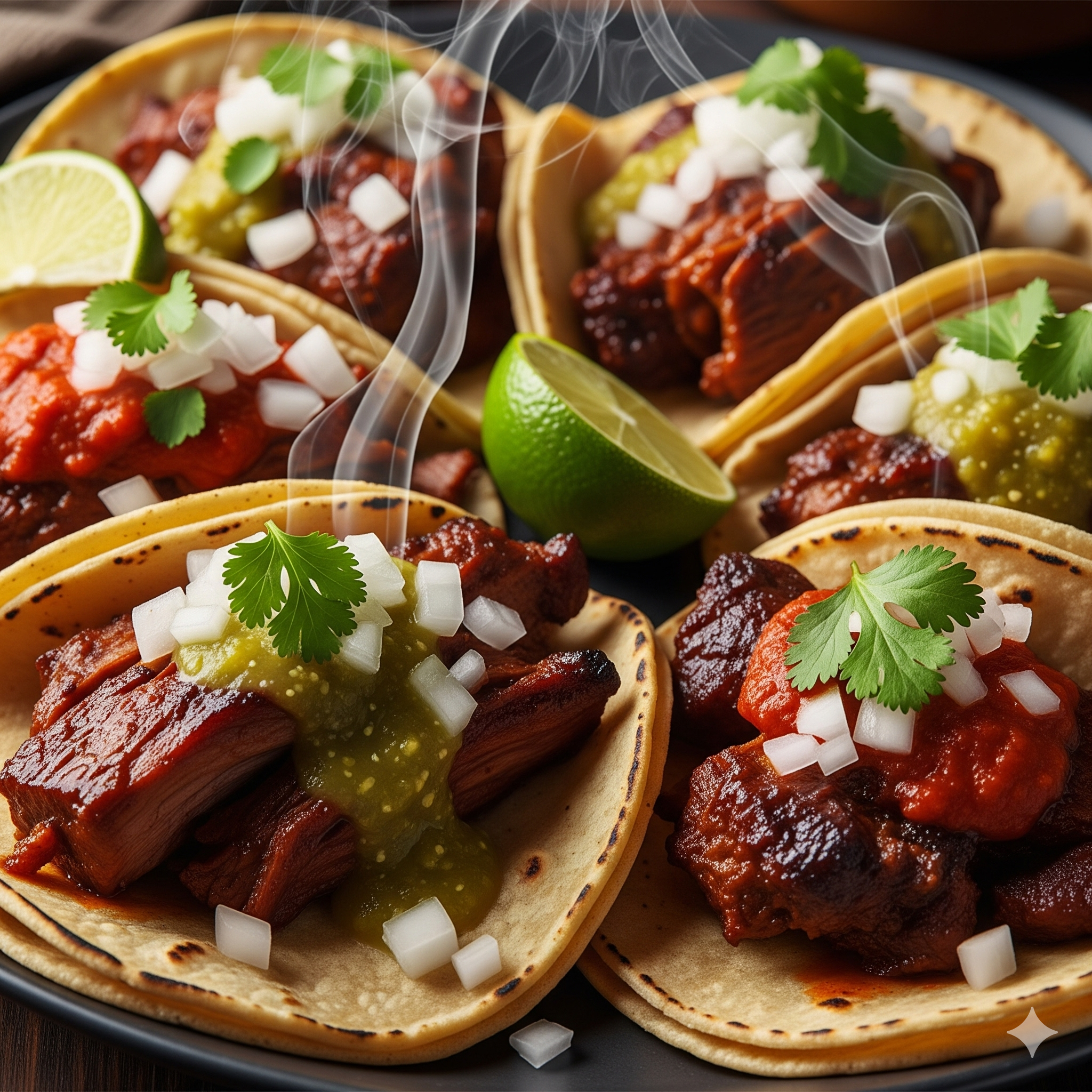 Tacos al pastor con carne marinada, piña, cilantro y cebolla en tortilla de maíz